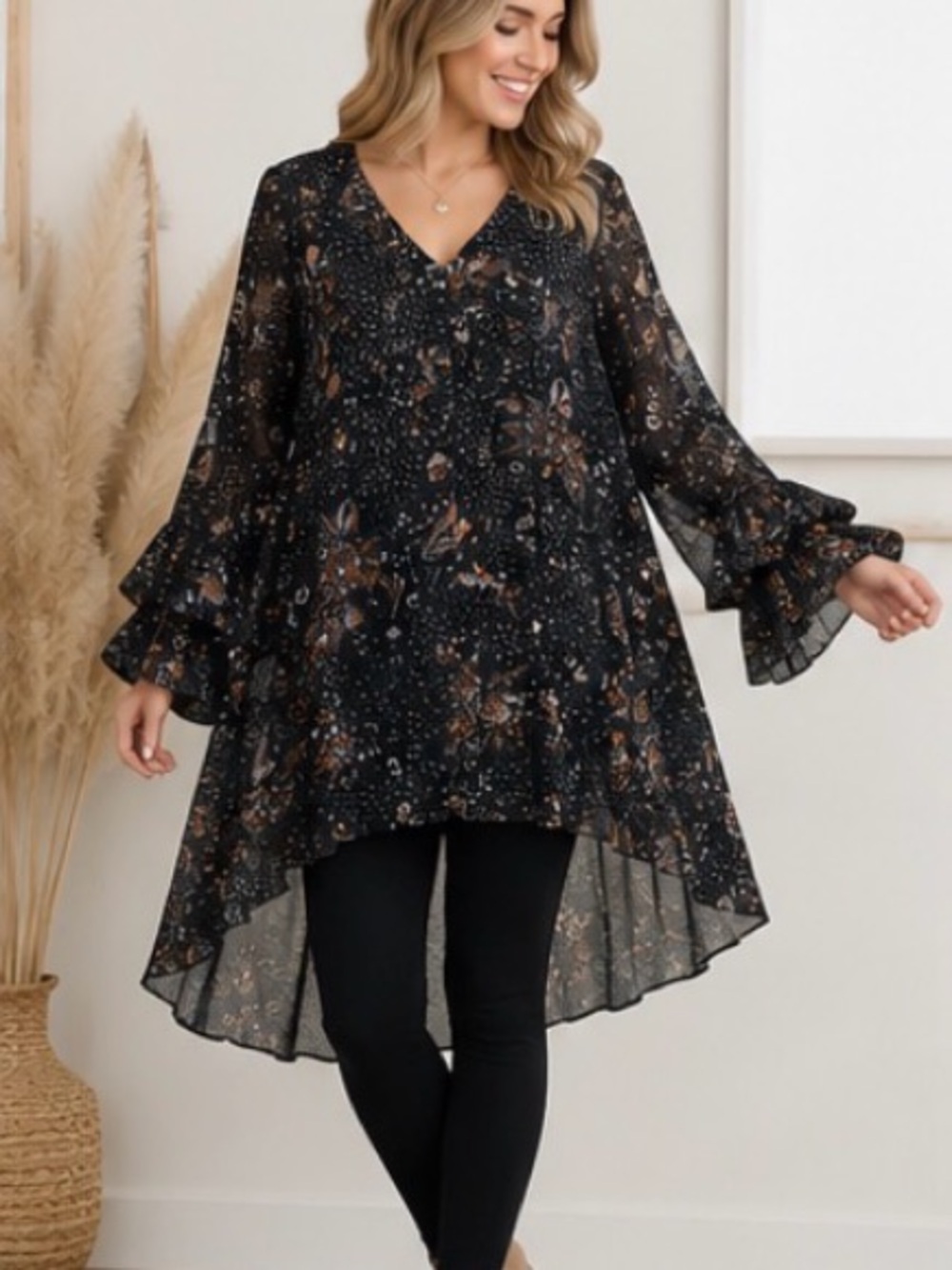 Melanie Lyne Size 16 Black Floral High-Low Chiffon Dress Ruffle Sleeve